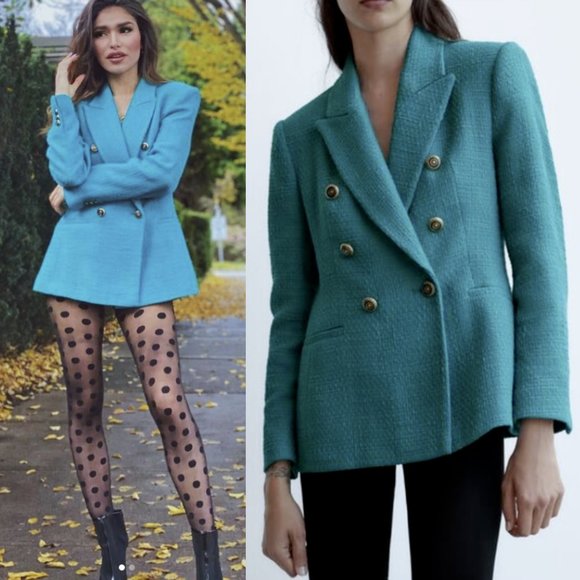 Zara Jackets & Blazers - NWT Zara Turquoise Tweed Blazer Double Breasted Bouclé Jacket Blogger Fav, Sz L